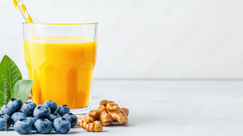 Fresh orange smoothie in a clear glass accompanied by blueberries and walnuts on a light background Fresh orange smoothie in a clear glass accompanied by blueberries and walnuts on a light background