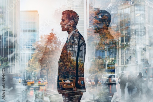 Double exposure of a businessman and a vibrant cityscape blending with nature, representing visionary leadership, corporate success, and sustainable urban life. photo