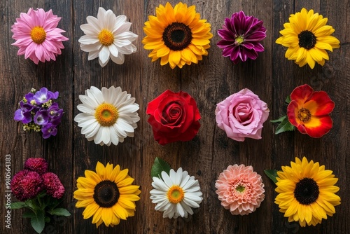 A top down view of a collection of vivid flowers like sunflowers, daisies, and roses, arranged symmetrically on a wooden table. 