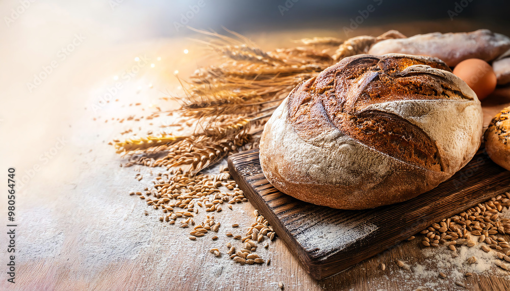 Freshly baked artisan bread on a wooden board, surrounded by grains and eggs, perfect for bakery themes and wholesome cooking. Freshly baked artisan bread on a wooden board, surrounded by grains and eggs, perfect for bakery themes and wholesome cooking.