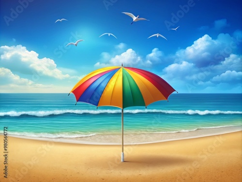 A simple illustration of a colorful beach umbrella sitting on a sandy beach, surrounded by calm blue ocean and a few seagulls flying above.