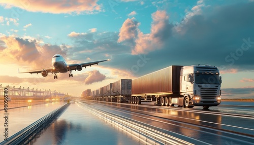 A truck and airplane travel on a highway at sunset, representing global trade and transportation.