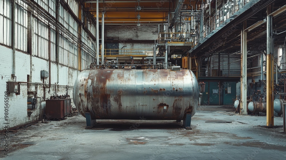 A stainless steel tank in an abandoned factory, surrounded by decaying walls, rust creeping along its edges, and cracked concrete floors A stainless steel tank in an abandoned factory, surrounded by decaying walls, rust creeping along its edges, and cracked concrete floors