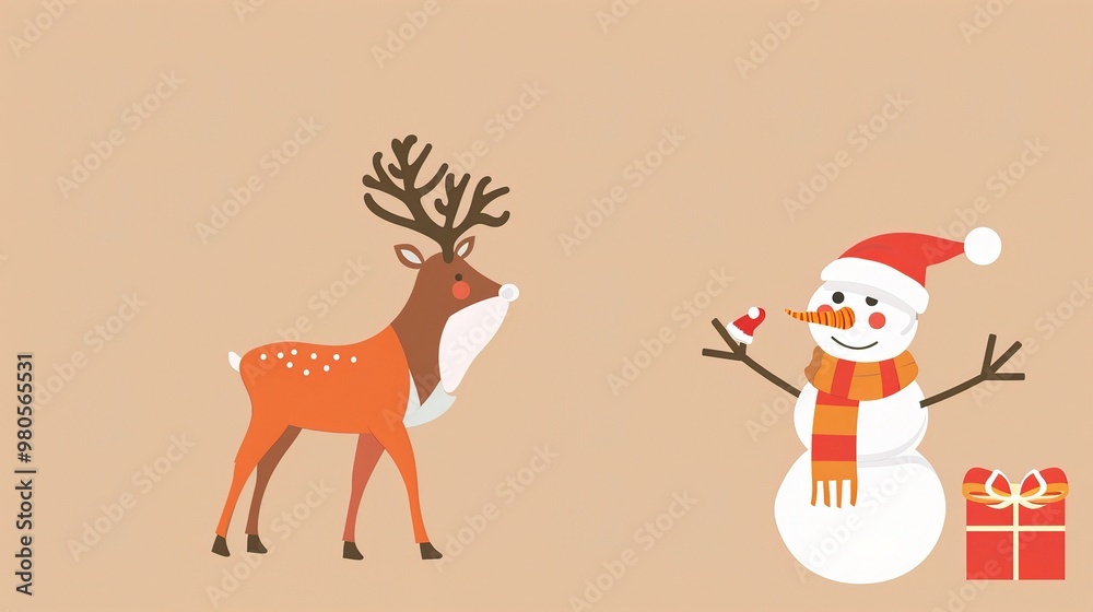 A minimalist background showcases Santa's elk and a snowman. The elk stands with grace, its antlers reaching upwards. The snowman is crafted with care, with a carrot nose and coal eyes A minimalist background showcases Santa's elk and a snowman. The elk stands with grace, its antlers reaching upwards. The snowman is crafted with care, with a carrot nose and coal eyes
