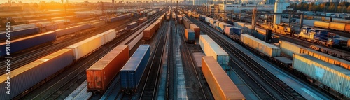 A wide shot of a shipping container train yard.