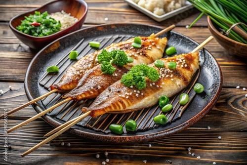 "Grilled skate on bamboo skewer, glazed with sweet soy sauce, topped with shredded daikon radish, green onion, and sesame seeds amidst a rustic Japanese setting."