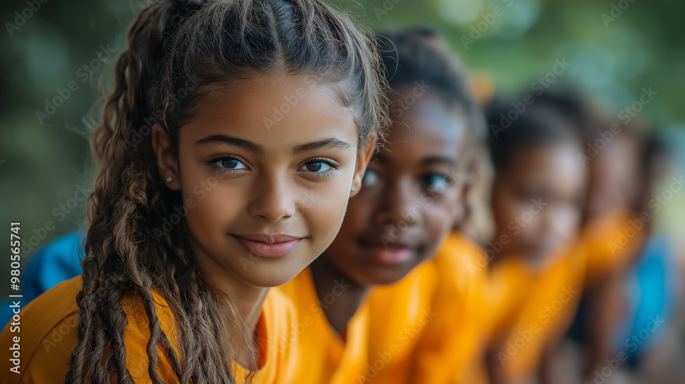 Close-up Portrait of Young SchoolGirl with braided hair, smiling gently and sitting with her teammates during an outdoor event at School. Physical Education Concept Close-up Portrait of Young SchoolGirl with braided hair, smiling gently and sitting with her teammates during an outdoor event at School. Physical Education Concept