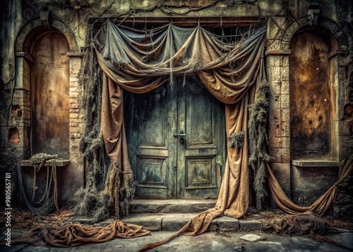 Dark, twisted, and worn out fabric background with shredded and distressed details, resembling an old, abandoned, and mysterious ruin entrance.
