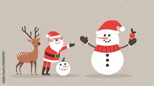 A minimalist background showcases Santa's elk and a snowman. The elk stands with grace, its antlers reaching upwards. The snowman is crafted with care, with a carrot nose and coal eyes