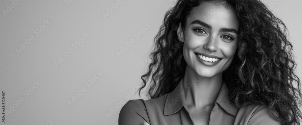 Fototapeta premium Confident woman smiling in casual attire for professional use