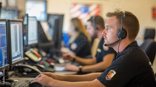 Obraz na płótnie Inside a 911 dispatch center, with operators using advanced technology to coordinate first responders, police, and medical teams. w salonie