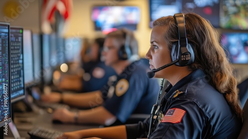 Inside a 911 dispatch center, with operators using advanced technology to coordinate first responders, police, and medical teams. photo