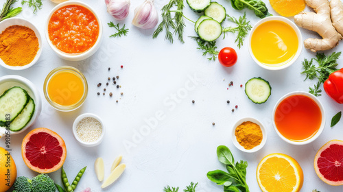 Colorful probiotic assortment of fresh vegetables, herbs, and spices arranged on a light background, showcasing healthy cooking ingredients