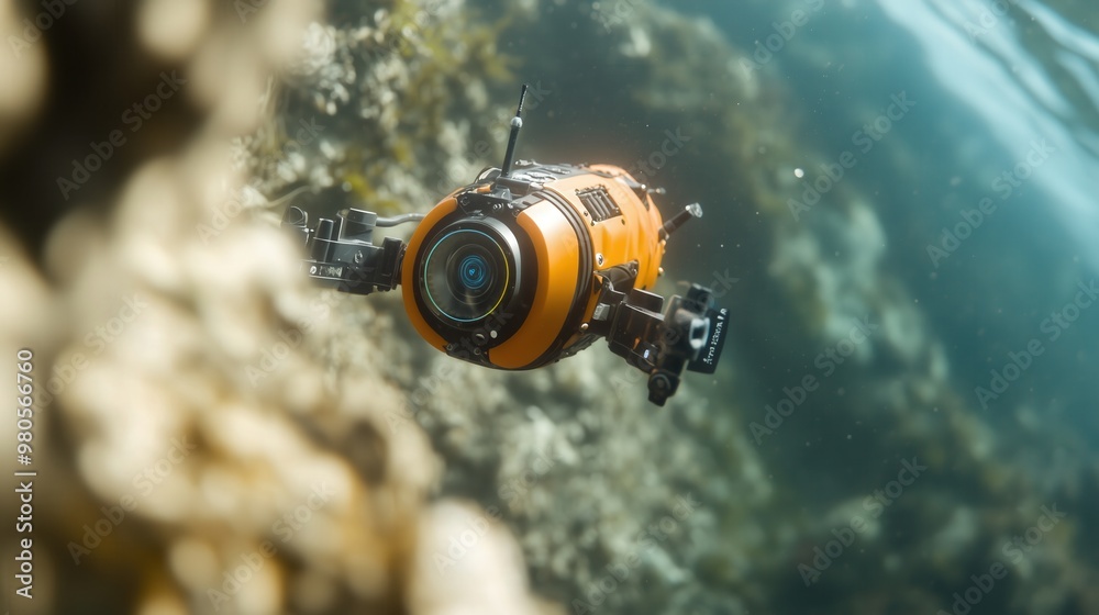Deep sea exploration with underwater robot capturing oceanic ecosystems ...