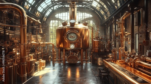 A stylized, steampunk brewery interior, with a polished stainless steel tank, copper pipes, gears, and hops and barley integrated into the machinery, Steampunk, Bronze, Metallic,3D rendering
