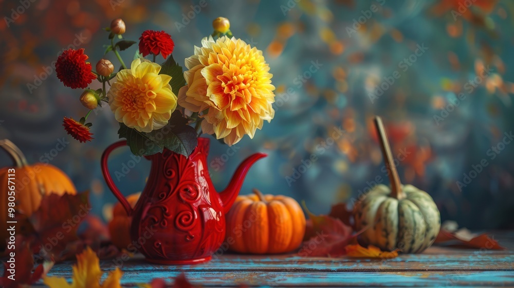 Obraz premium Beautiful still life autumn flowers photo with yellow dahlias in a vintage red jug and pumpkins on the table. Fall festival concept.