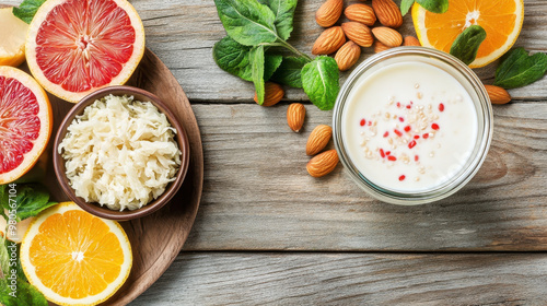 Fresh organic fruits and creamy probiotic yogurt with sliced almonds on a wooden table, showcasing healthy eating and vibrant colors