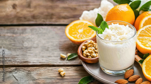 Fresh probiotics dairy product in glass surrounded by orange slices, almonds, and walnuts on a rustic wooden table