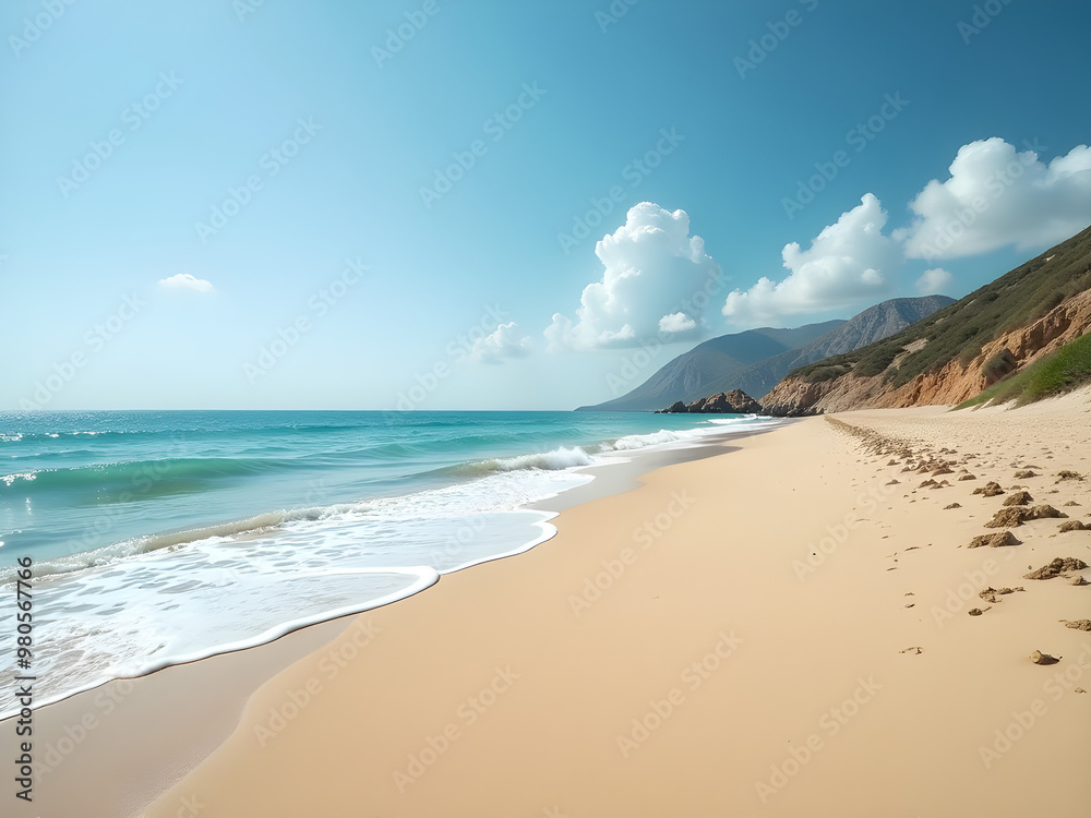 Tranquil Beach Scene with Soft Golden Sand, Gentle Waves, Azure Waters, Lush Green Hills, and Fluffy White Clouds Under Clear Blue Sky Serene Coastal Landscape for Relaxation and Inspiration Tranquil Beach Scene with Soft Golden Sand, Gentle Waves, Azure Waters, Lush Green Hills, and Fluffy White Clouds Under Clear Blue Sky Serene Coastal Landscape for Relaxation and Inspiration
