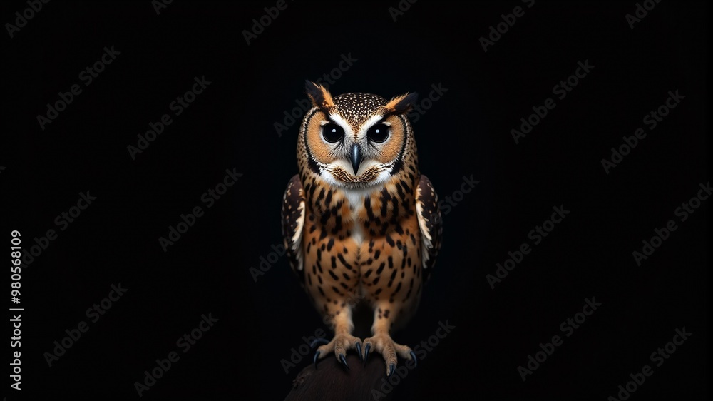 Naklejka premium A brown and white owl stands on a stone in complete darkness.