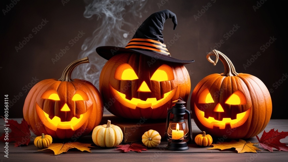 Halloween-themed image featuring pumpkins with glowing faces Halloween-themed image featuring pumpkins with glowing faces