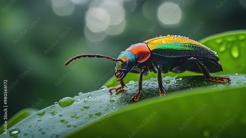 Fototapeta premium A vibrant beetle with raindrops on a green leaf, showcasing nature's beauty.