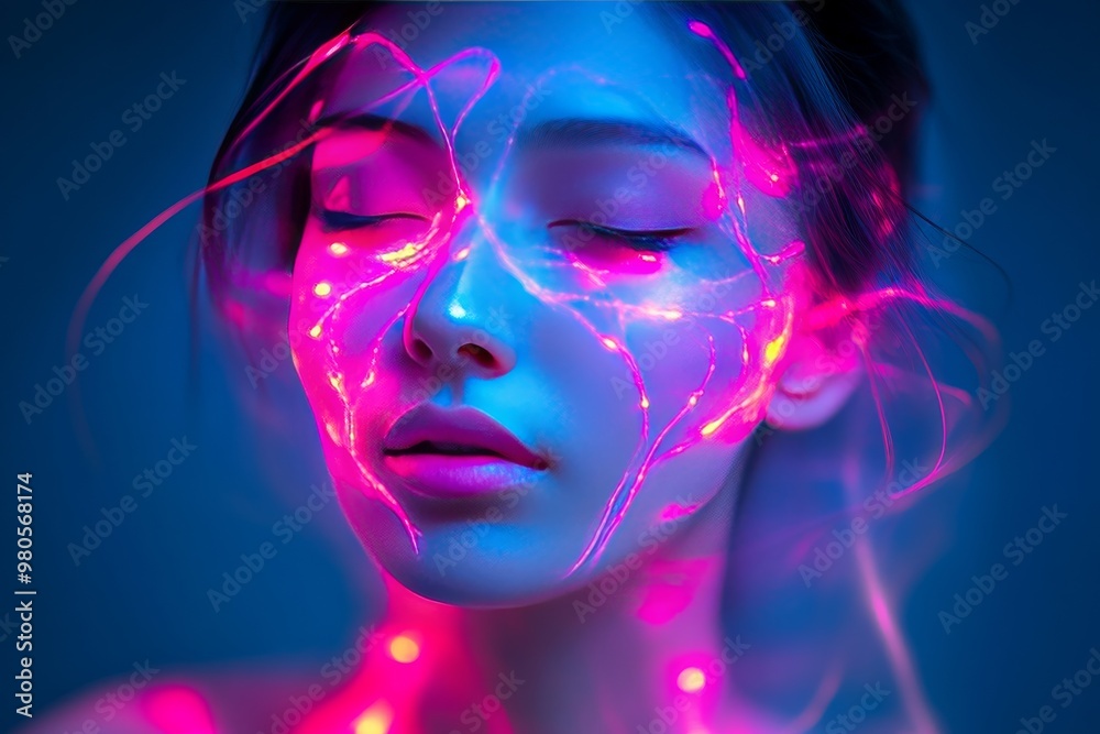 Womans face surrounded by glowing pink lights and lines symbolizing the fusion of human consciousness and futuristic technology in a digital landscape Womans face surrounded by glowing pink lights and lines symbolizing the fusion of human consciousness and futuristic technology in a digital landscape