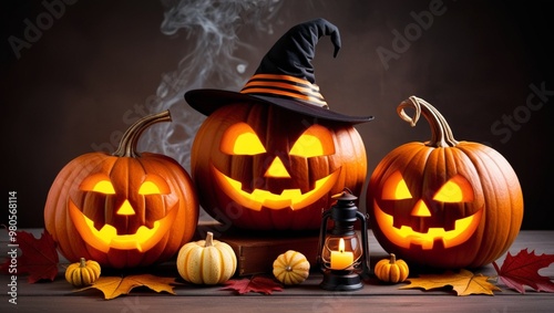 Halloween-themed image featuring pumpkins with glowing faces