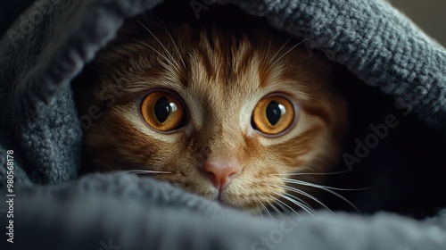 Cat peeking from under blanket