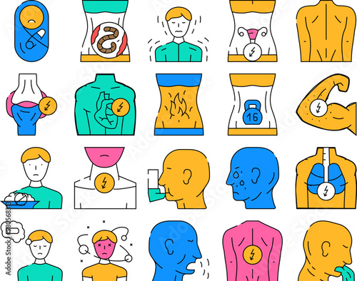 Sick Health Problem And Allergy Icons Set Vector. Children Pain And Backache Sick, Burning In Stomach And Feeling Of Heaviness, Sore Throat And Disorientation Disease color Contour Illustrations