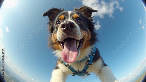 A happy dog with a blue collar, captured on a gopro camera