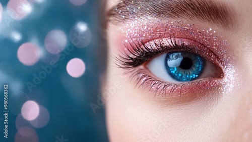 Eye with vibrant rainbow makeup and shimmering glitter, against a dark, dramatic background.