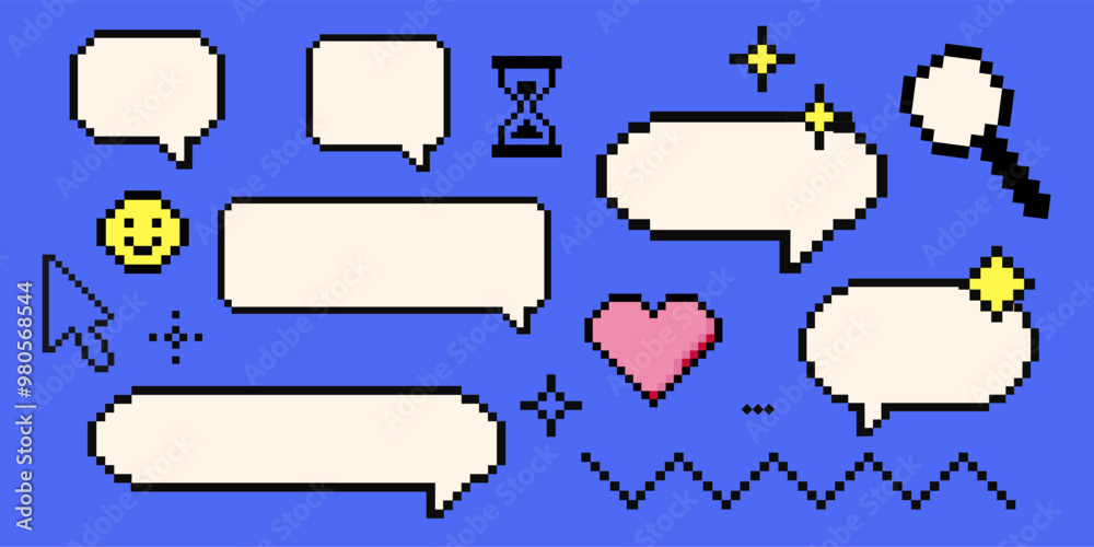 © Alyona - Set of pixel art cloud bubble quote box speech bubble dialog retro 8 bit arcade game interface, manga. Comic chat rectange pixel elements, arrow, star, heart.