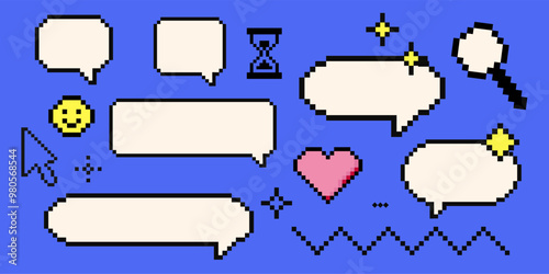Set of pixel art cloud bubble quote box speech bubble dialog retro 8 bit arcade game interface, manga. Comic chat rectange pixel elements, arrow, star, heart.