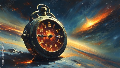 Fiery Antique Clock in Cosmic Space Representing Eternity and the Mysteries of Time Travel Amidst Stars and Galaxies photo