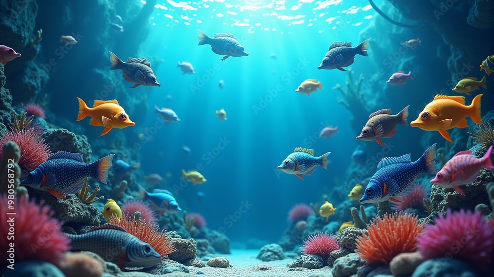 Fototapeta premium a fish tank with many colors and a large amount of fish swimming in it.