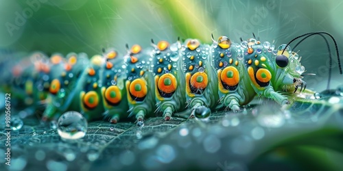 Close-up of a vibrant green caterpillar with dew drops on a leaf, showcasing the beauty of nature and the detailed world of insects photo