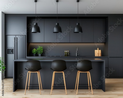 Open-concept minimalist kitchen with matte grey cabinets, integrated appliances, and sleek island, modern kitchen interior, minimalist cabinetry