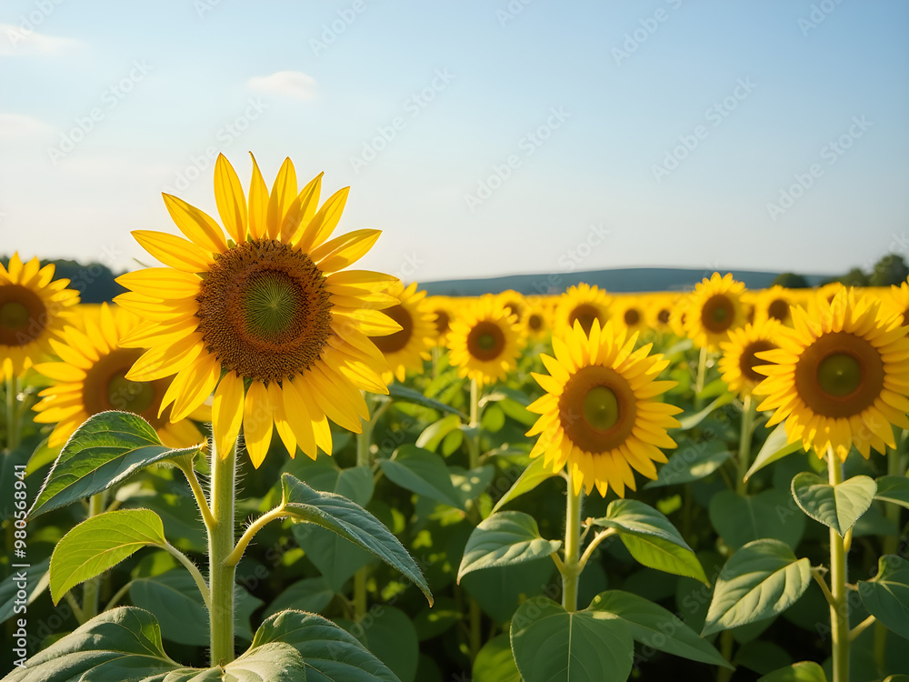 Vibrant Sunflower Field Under Clear Blue Sky with Tall Sunflower Highlighted by Natural Sunlight, Radiating Warmth and Cheerfulness, Lush Green Leaves Creating Striking Contrast Against Bright Yellow Vibrant Sunflower Field Under Clear Blue Sky with Tall Sunflower Highlighted by Natural Sunlight, Radiating Warmth and Cheerfulness, Lush Green Leaves Creating Striking Contrast Against Bright Yellow