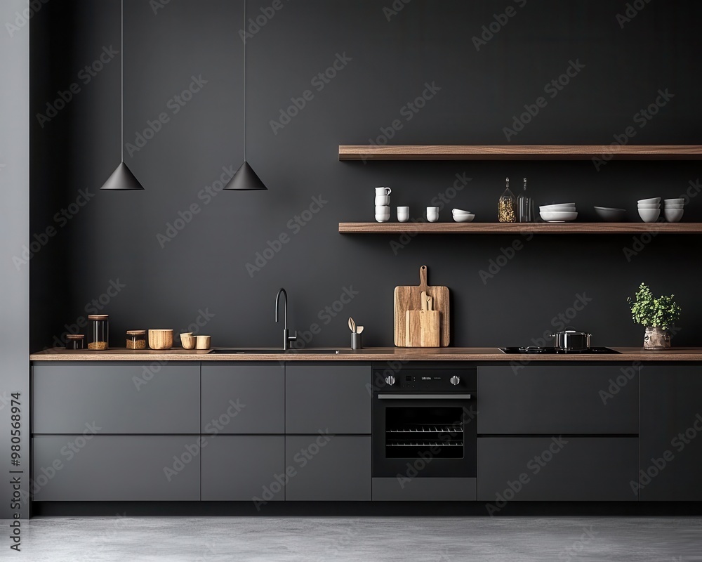 Minimalist kitchen with matte grey cabinets, light wooden accents, and sleek countertops, modern design, minimalist kitchen