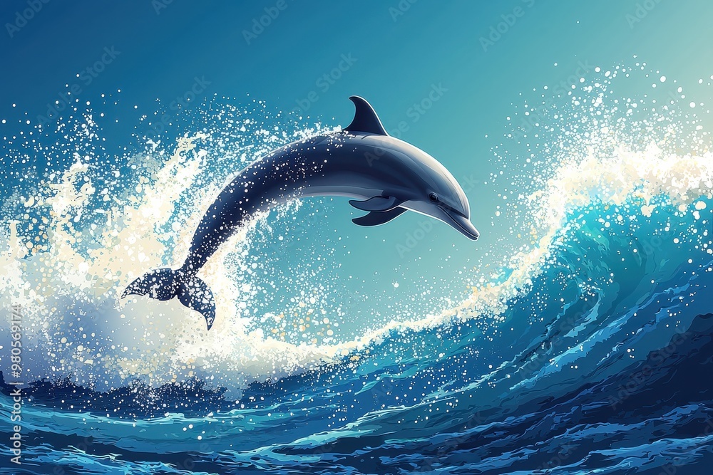 Fototapeta premium Playful dolphin breaching in crashing ocean wave