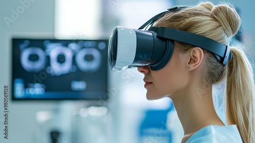 Advanced Virtual Reality Eye Examination - Patient Using VR Headset in High-Tech Diagnostic Process