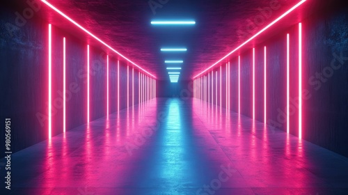 A futuristic corridor illuminated by vibrant neon lights.