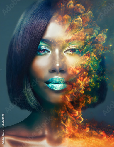 woman, beauty, model, fashion, face, smoke, with, flower, halloween, new, closeup, afro, art, makeup, glamour, black, make-up, eyes, party, copyspace, floral, turquoise, design, lips, hair, ad, 3d, 1