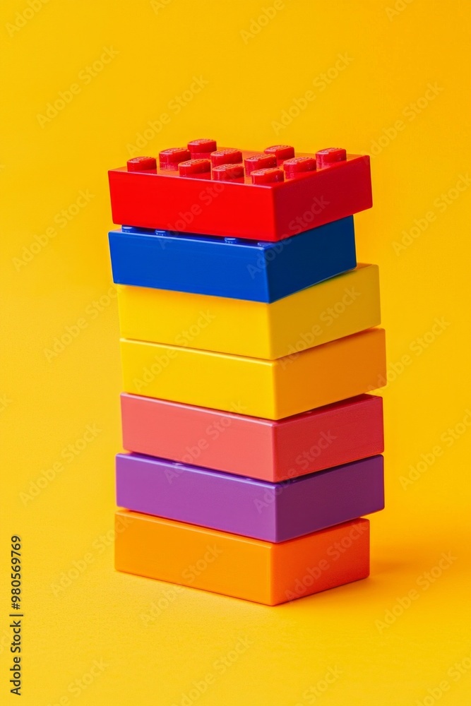 Colorful toy blocks neatly stacked in a gradient from red to purple on a bright yellow background. -- Colorful toy blocks neatly stacked in a gradient from red to purple on a bright yellow background. --
