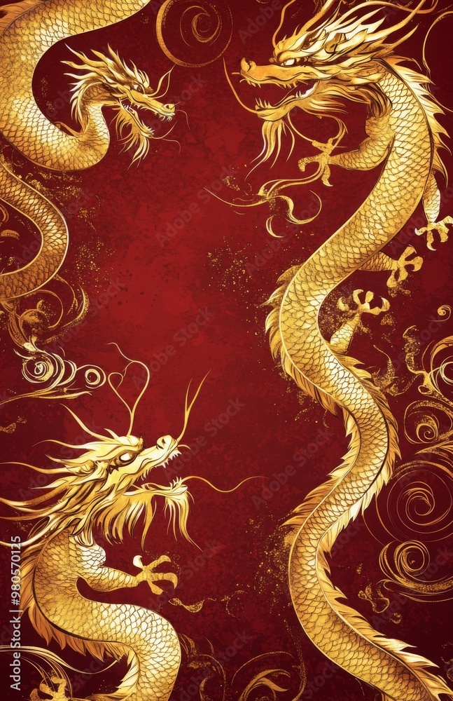 A luxurious background with golden Chinese dragon motifs swirling against a deep red backdrop, symbolizing wealth and prosperity A luxurious background with golden Chinese dragon motifs swirling against a deep red backdrop, symbolizing wealth and prosperity