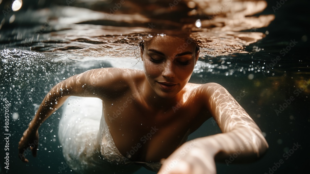 Fototapeta premium Graceful underwater elegance: the enchanting swan princess in serene motion for mystical art prints