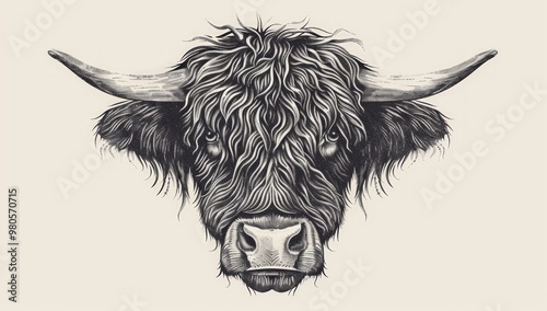 Hand-drawn illustration of a Highland cow's head with a detailed and realistic depiction of its fur, horns, and face.