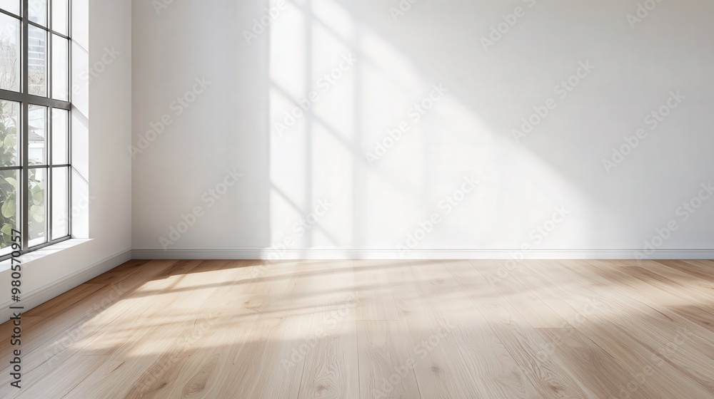 Fototapeta premium Minimalist interior space featuring a light wooden floor and a blank white wall, ideal for showcasing home decor ideas and providing ample space for text or design elements