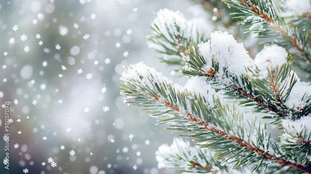 winter wonderland: close-up of snowy pine branch with blurred background of falling snowflakes winter wonderland: close-up of snowy pine branch with blurred background of falling snowflakes